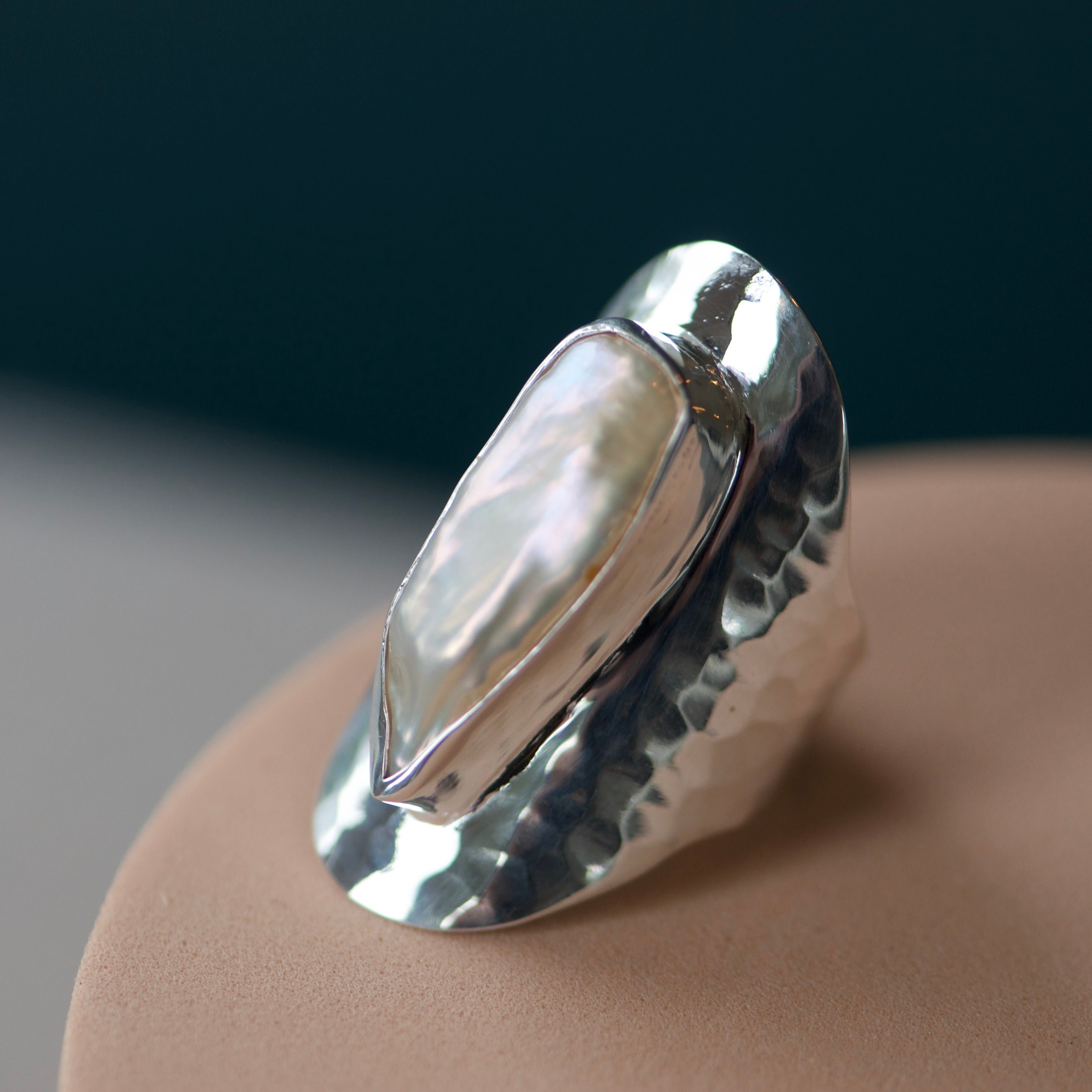 Biwa Long Pearl Silver Ring