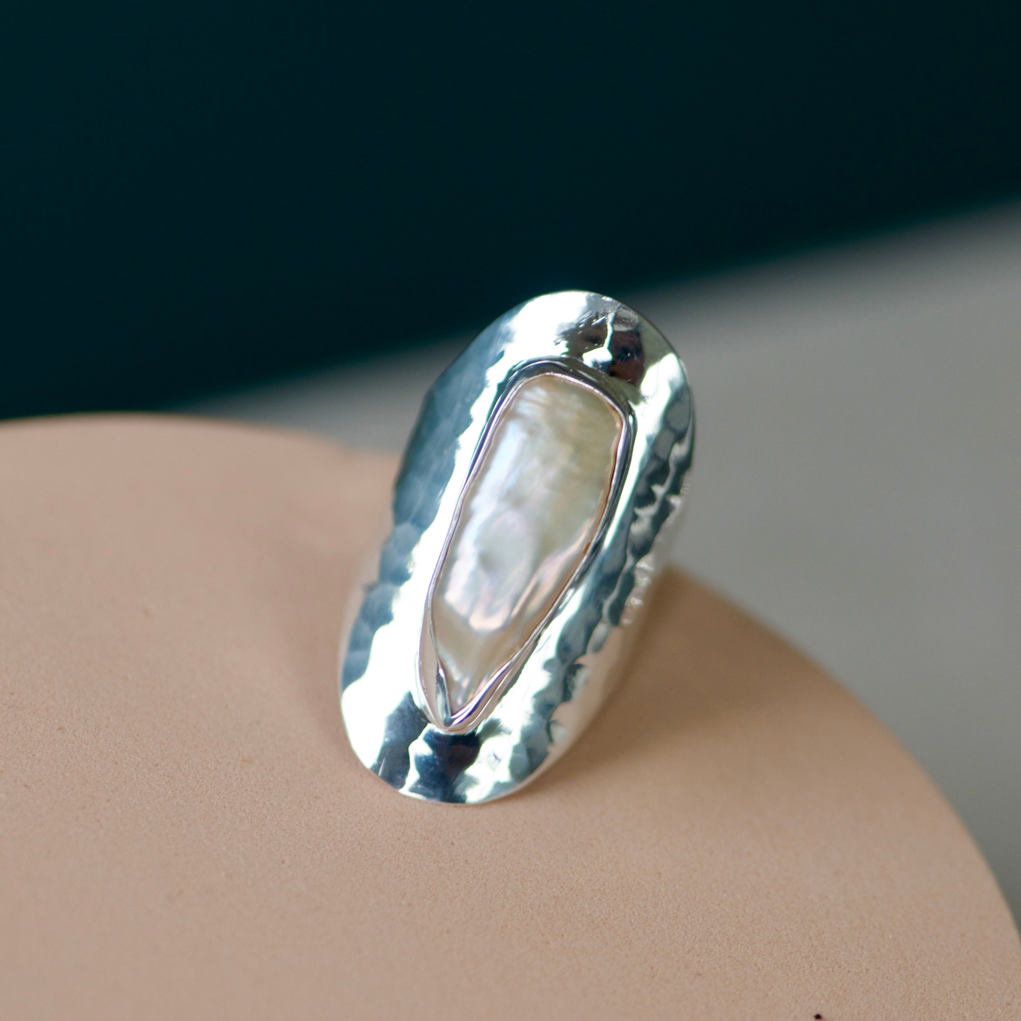 Biwa Long Pearl Silver Ring