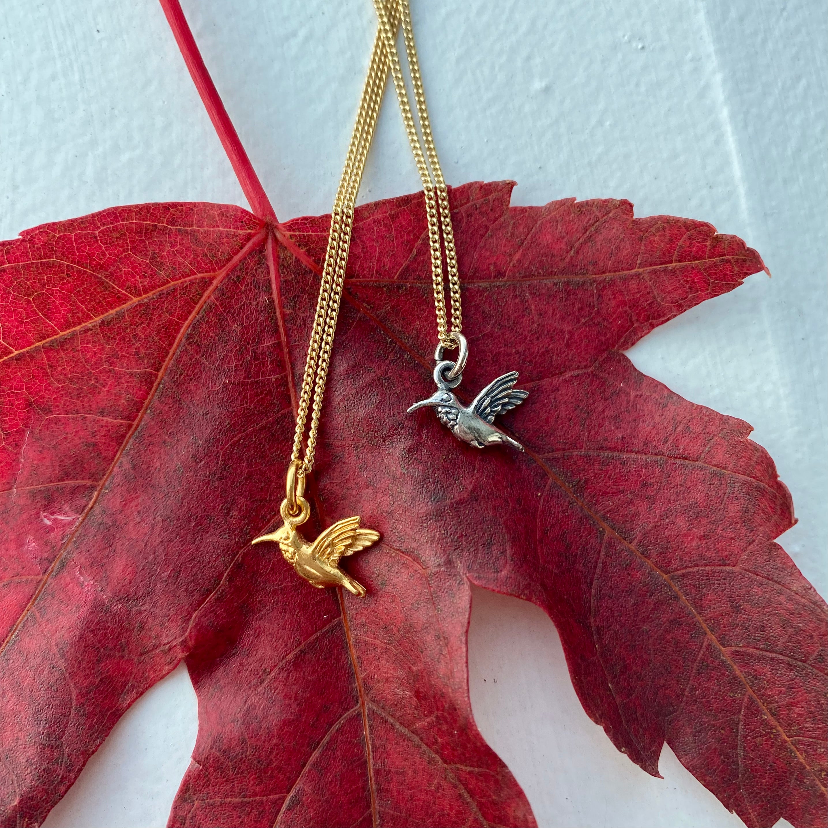 Tiny Hummingbird Charm Necklace in Gold