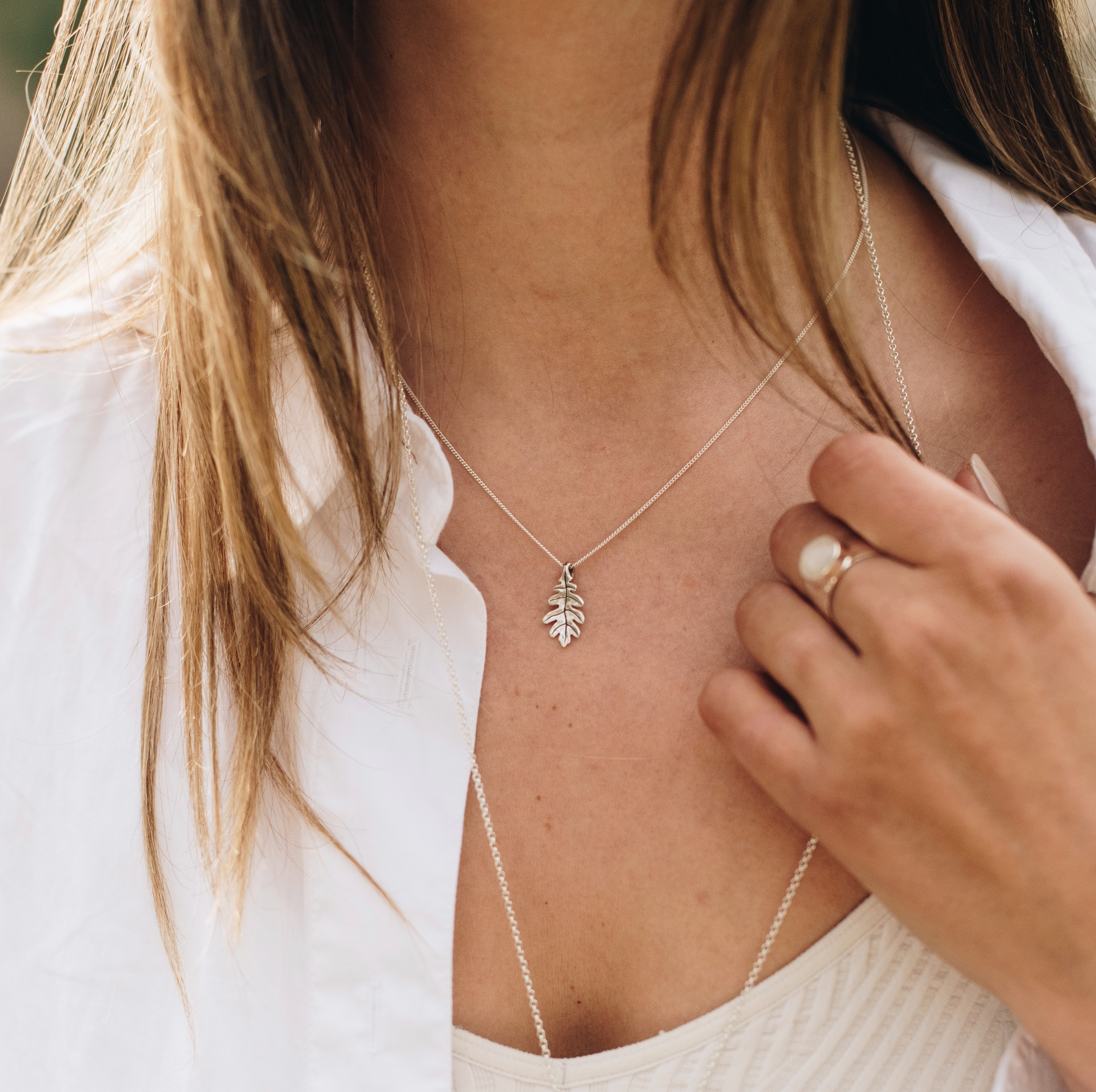 Tiny Oak Charm Necklace Silver