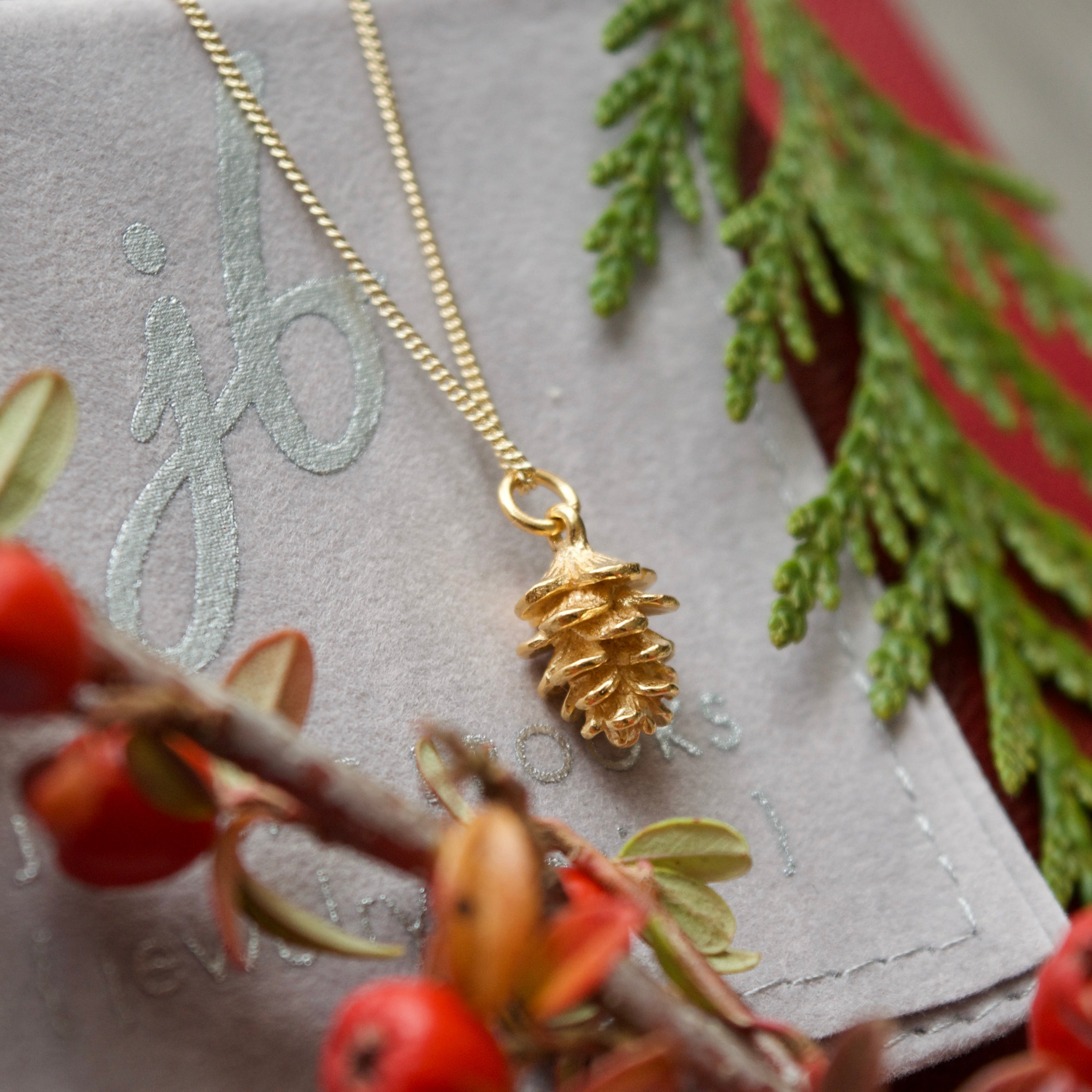Yellow Gold Tiny Pinecone Charm Necklace