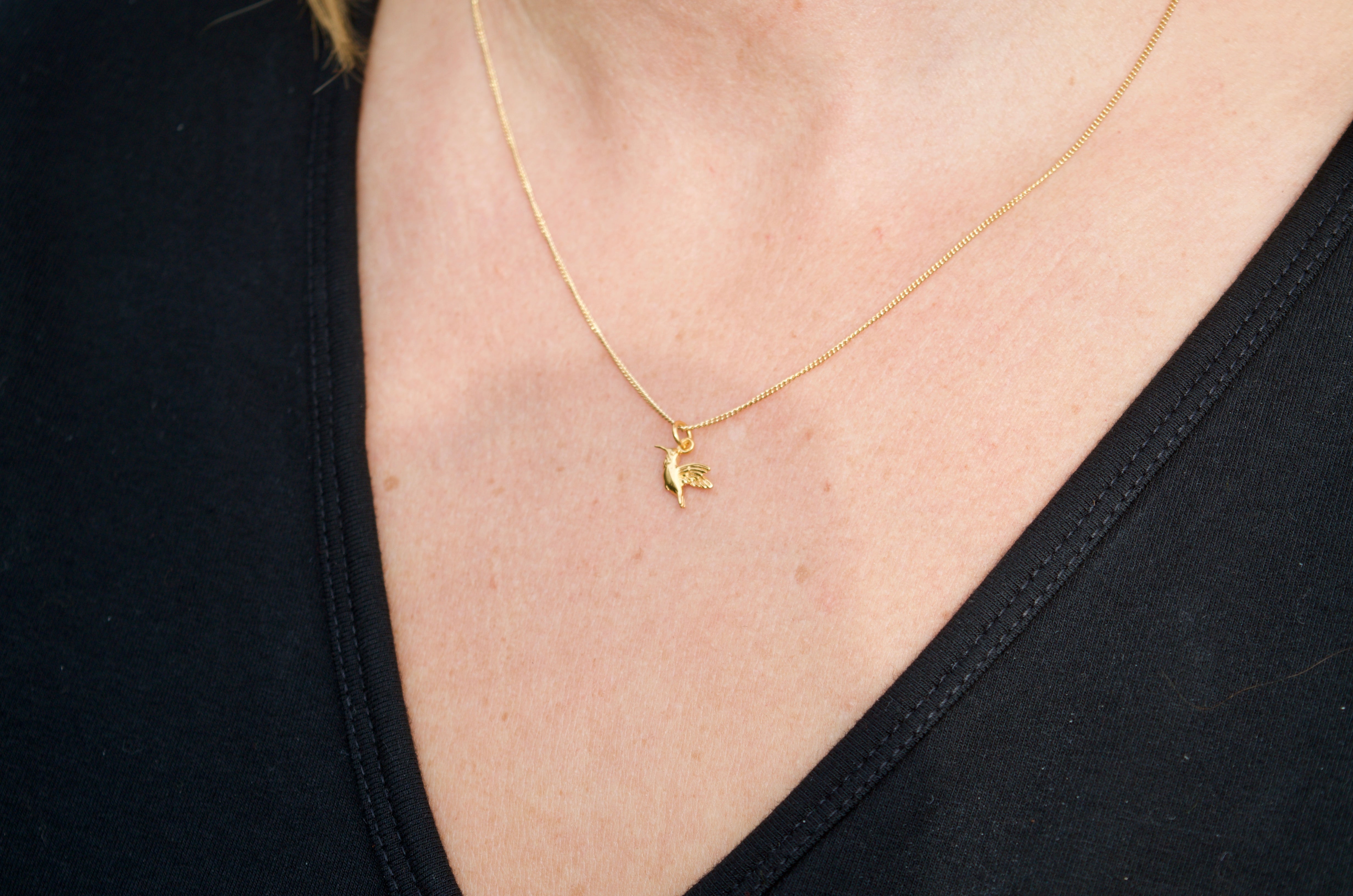 Tiny Hummingbird Charm Necklace in Gold