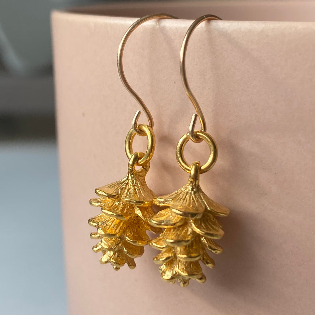 Tiny Pinecone Earrings in Yellow Gold