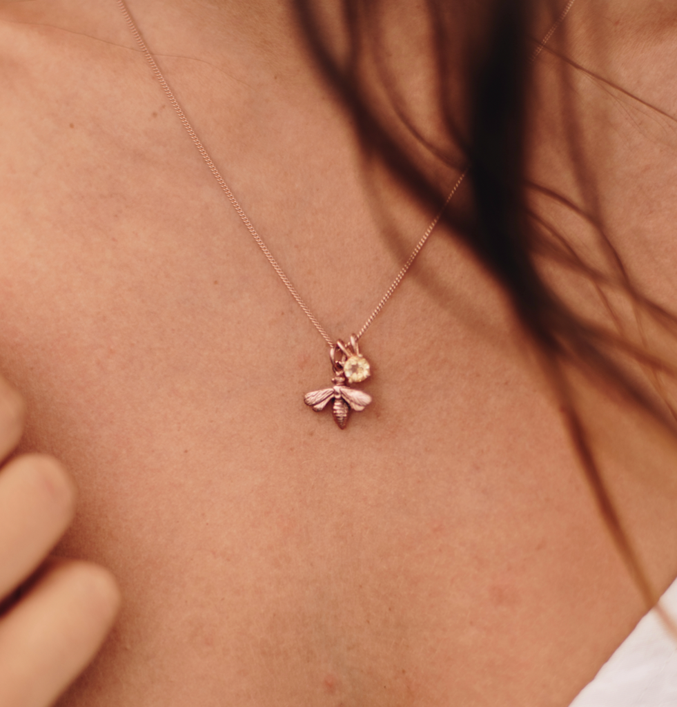 Tiny Bee Charm Necklace Rose Gold