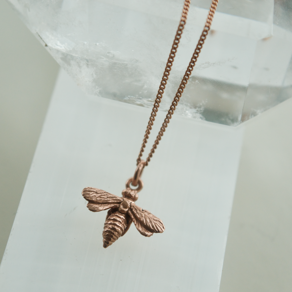 Tiny Bee Charm Necklace Rose Gold