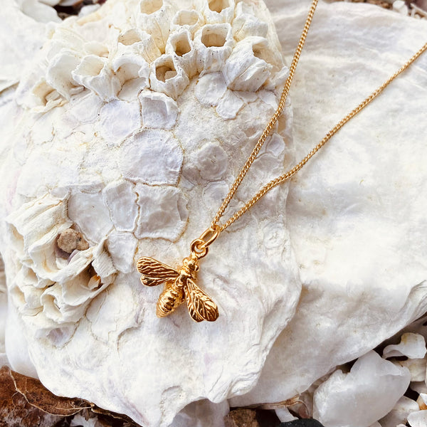 Tiny Bee Charm Necklace Yellow Gold